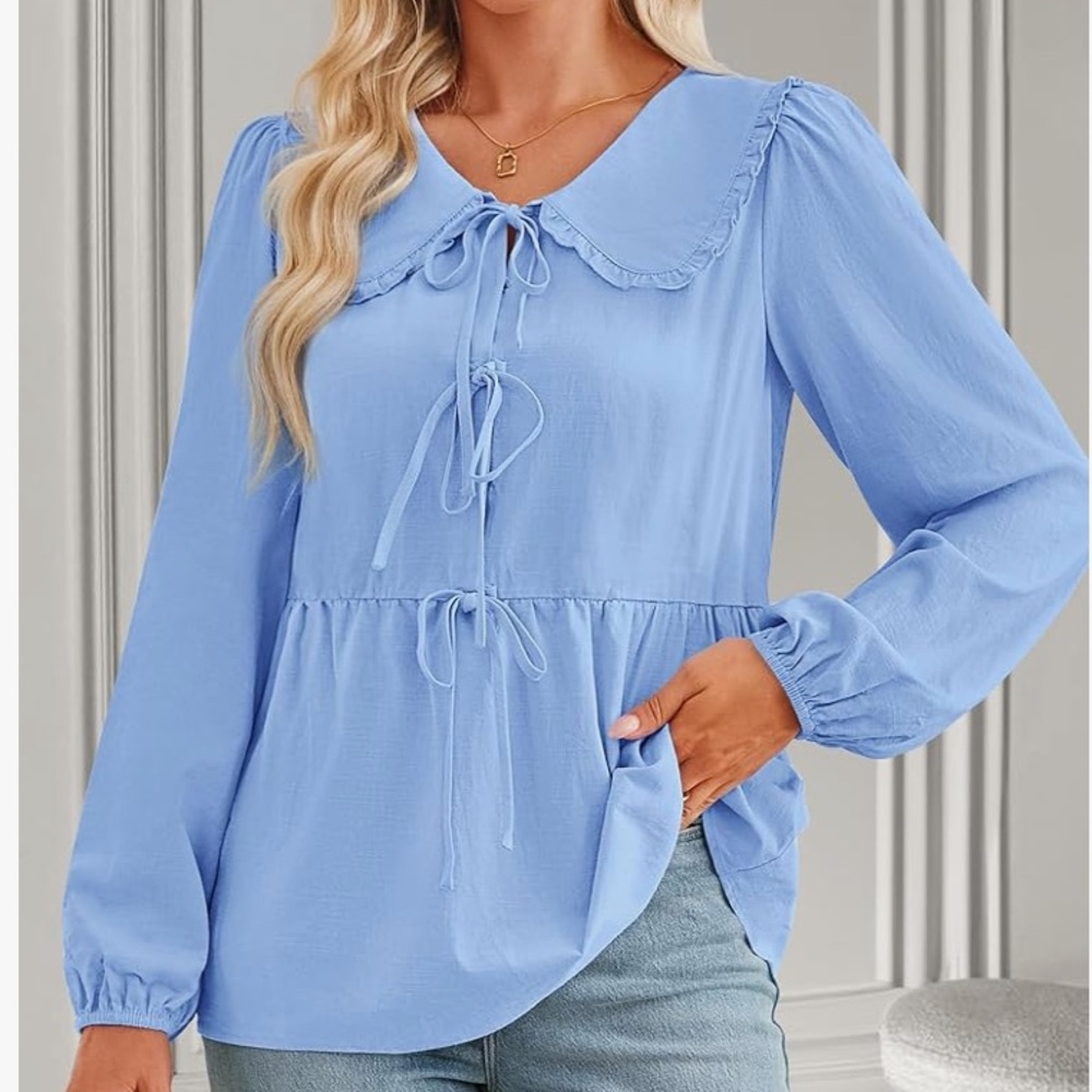 NEW ZESICA Women's Tie Front Puff Sleeve Peplum Top Size Medium